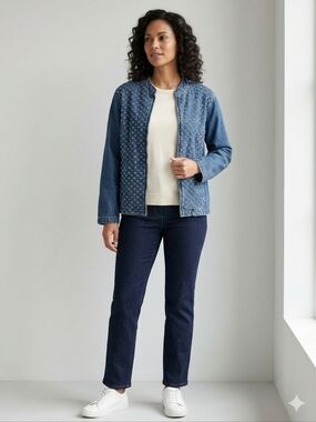 Chico's Jacket Shirt Perferated Cotton Blue Denim Clipped Textured Size 2 L